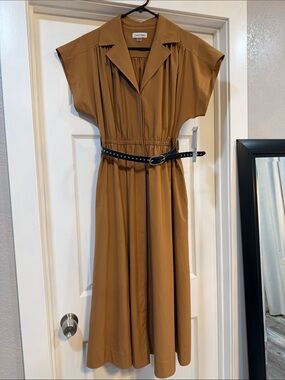 Calvin Klein Camel Midi Shirt Dress with Belt